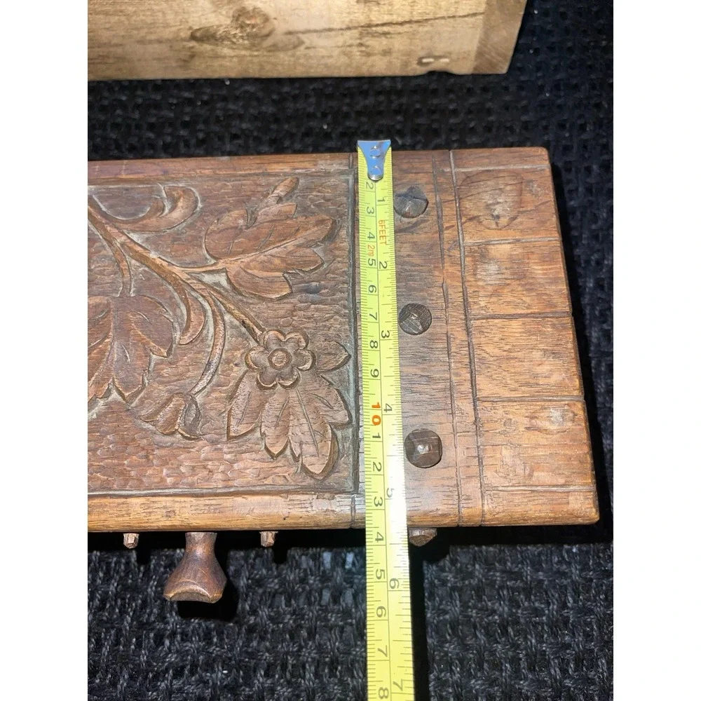 Vintage Handmade Carved Wood Box With Wrought Iron Knob Jewelry‎ Money Misc Box